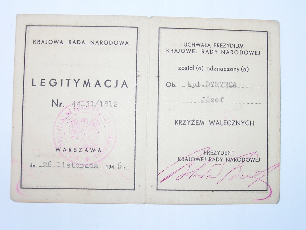 Legitymacja na Krzyż Walecznych 1946 KRN