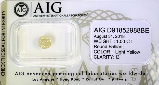 Jasno żółty diament 1 ct , certyfikat AIG. Piękny