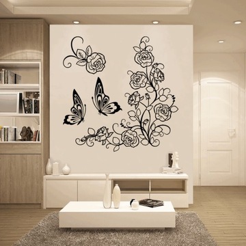 Naklejka nalepka ścienna na ścianę do salonu KWIATY róża motyl 50 cm