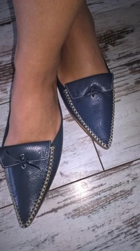 TOD'S MULES POINTED TOE LOAFERS NAVY SKÓRA CAŁE 36