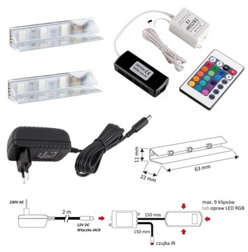 SET 2-POINT RGB LED зажим для стеклянных полок + блок питания