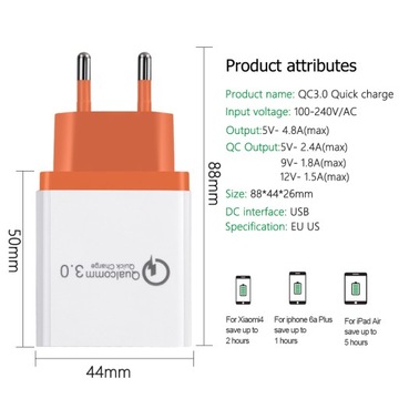 3 сетевых зарядных устройства USB Quick Charge3.0, USB-кабель