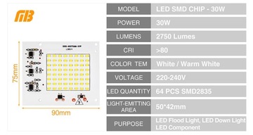 Dioda LED MODUŁ COB 30W SMD2835 ciepły biały 230V