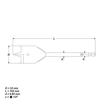 Лопаточное сверло по дереву, 32 x 152 мм.