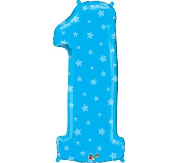 Balony Foliowy Cyfra 1 Niebieski w Giwazdki Roczek Urodziny Party 96cm