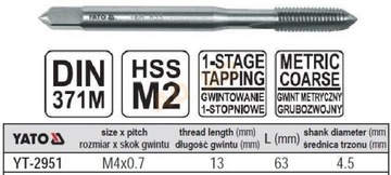 Метчик машинный М4х0,7 YATO YT-2951 METRIC