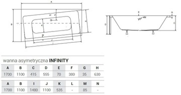 Ванна INFINITY асимметричная 170x110 правая + НОЖКИ