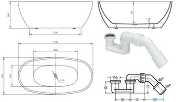 Ванна ODIN 170x85 СВОБОДНОСТОЯЩАЯ + СИФОН CLICK-CLACK