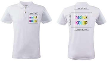 Koszulka biała POLO z nadrukiem logo + A4 DTG P.