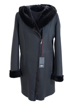 Kożuch DAMSKI Naturalny ELEGANCKI 44 KAPTUR CIEPŁY Modny OWCZY ZIMOWY NEW