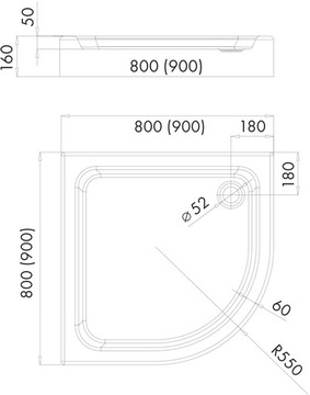 ПОЛУКРУГЛЫЙ ДУШЕВОЙ ПОДДОН R55 90x90x16x5 ТИП ПЛИТКИ АКРИЛОВЫЙ