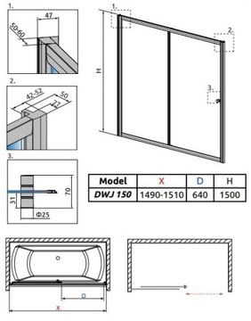 RADAWAY VESTA DWJ 150 дверь для ванны, стеклоткань