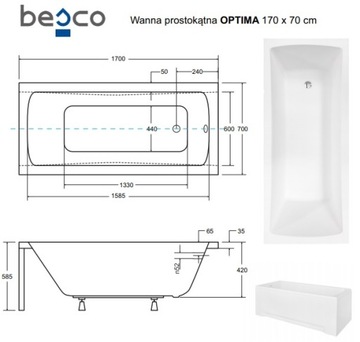 Прямоугольная акриловая ванна Besco Optima 170 x 70 см