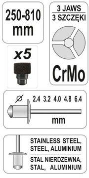Заклепочник-гармошка 2,4-6,4мм, 5 насадок YATO