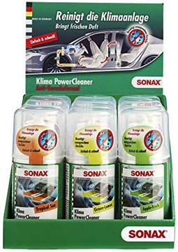 SONAX A/C Power Cleaner очищает кондиционер темно-синего цвета.