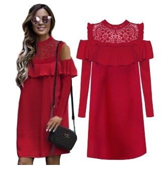 Koktejlové lichobežníkové šaty čipka červená L