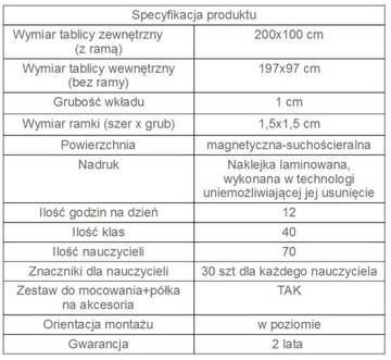 Tablica plan lekcji dla nauczycieli 200x100 cm