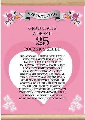 Dyplom 25 Rocznicę Ślubu życzenia Srebrne Gody prezent pamiątka