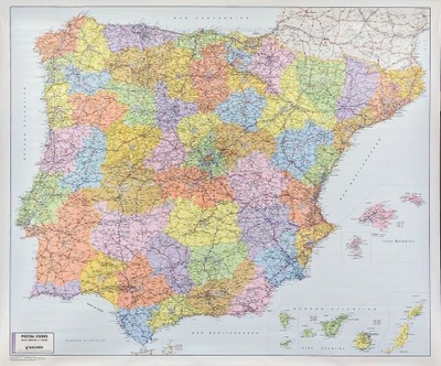 HISZPANIA I PORTUGALIA KODOWA MAPA ŚCIENNA KODY POCZTOWE RURKI PCV