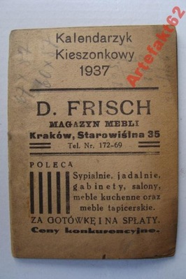 KRAKÓW MAGAZYN MEBLI FRISCH KALENDARZYK 1937