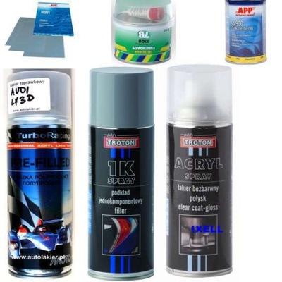 SPRAY 400ml zestaw: kolor LAKIER auta BEZBARWNY PODKŁAD SZPACHEL ZMYWACZ