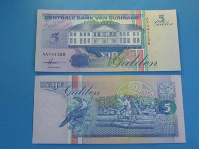 Surinam Banknot 5 Guldenów AA ! 1991 UNC P-136