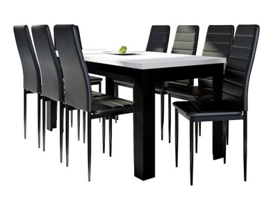 Stół 90x160x200 + 8 czarnych krzeseł