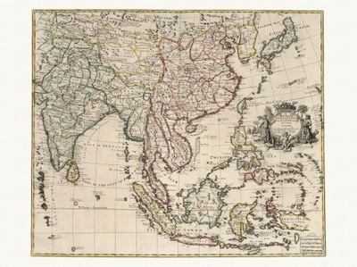 INDIE CHINY bogato zdobiona mapa Senex 1721