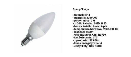 Żarówka LED E14 SMD 2835 Ciepła 7W 560 lumenów