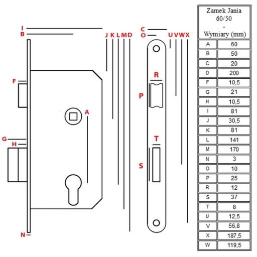 Замок врезной дверной JANIA 60/50 KEY Z014