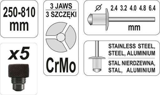 Заклепочник-гармошка 2,4-6,4мм, 5 насадок YATO