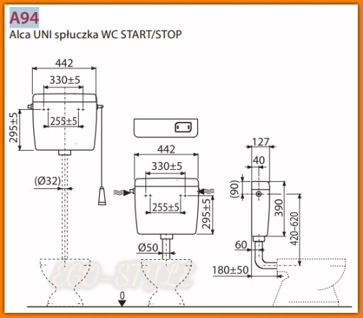 WC FLUSH Функция низкого смыва START/STOP A94 AlcaPLAST alcadrain