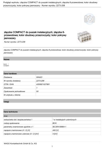 электрический быстроразъемный разъем 8x1,5 2,5 WAGO 2273-208