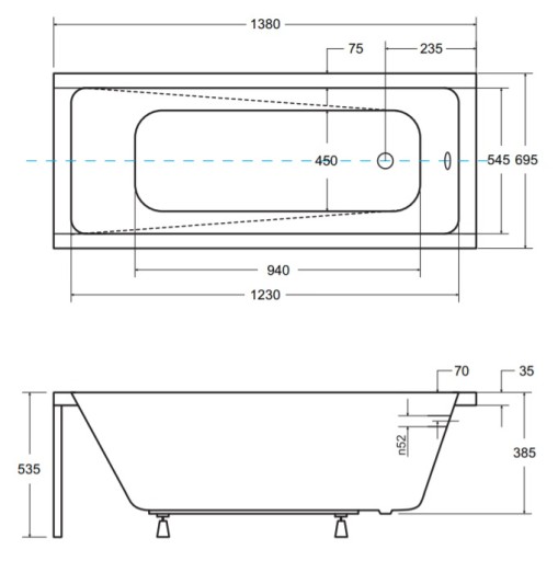 СОВРЕМЕННАЯ ВАННА PMD BESCO 140x70 КОРПУС СИФОННЫХ НОЖЕК