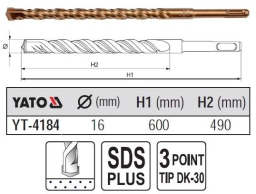 Сверло по бетону SDS+ 16х600мм YATO YT-4184