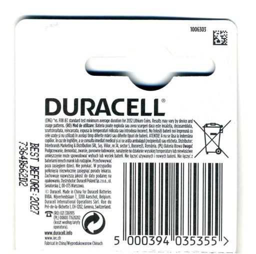 Duracell CR2032 DL2032 Литиевая батарея