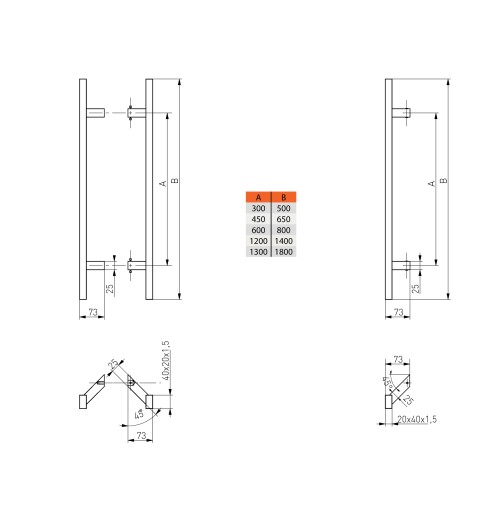 ручка ручка ручка дверная ручка INOX PR 20X40 УГЛОВАЯ МОНТАЖ 1400