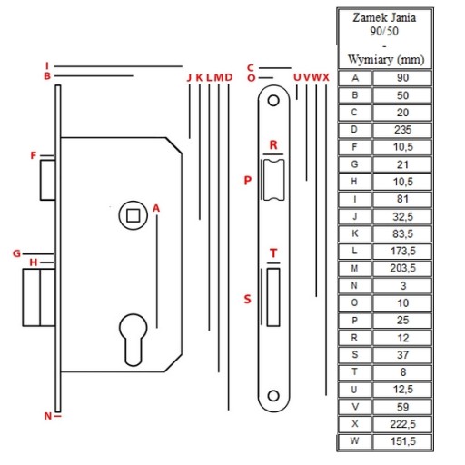 Замок врезной дверной JANIA на 2 ключа 90/50 KEY Z003