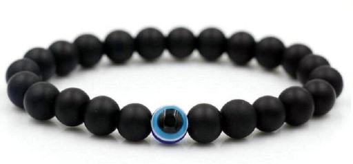BRANSOLETKA z kamienia ONYKS koraliki 8mm EVIL EYE