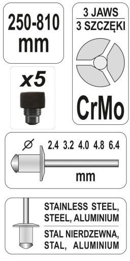 Заклепочник-гармошка 2,4-6,4мм, 5 насадок YATO