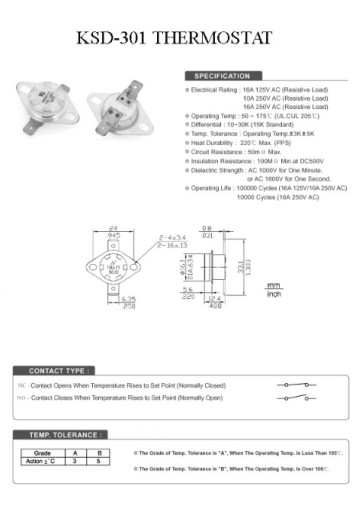 Termostat bimetaliczny NO 110C 10A 250V KSD301