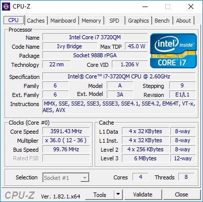 Intel i7-3720QM SR0ML до 3,6 ГГц 4 ядра 8 потоков