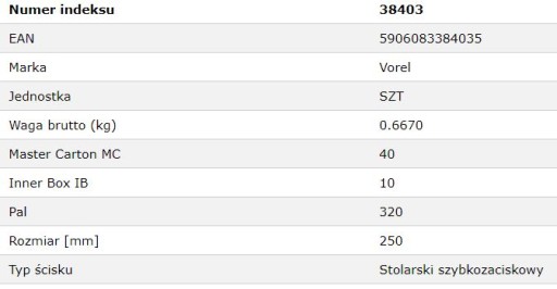 Струбцина столярная быстрозажимная 250мм 38403 VOREL