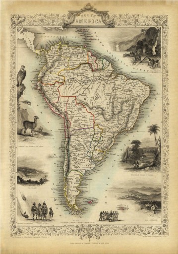 AMERYKA POŁUDNIOWA mapa ilustrowana 1851 r. płótno