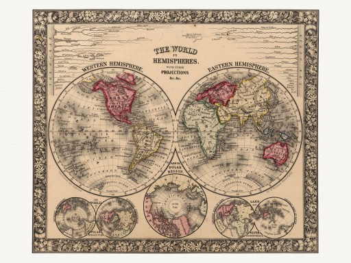 Mapa Świata Samuel Mitchell 1865 r. 60 x 40 cm.