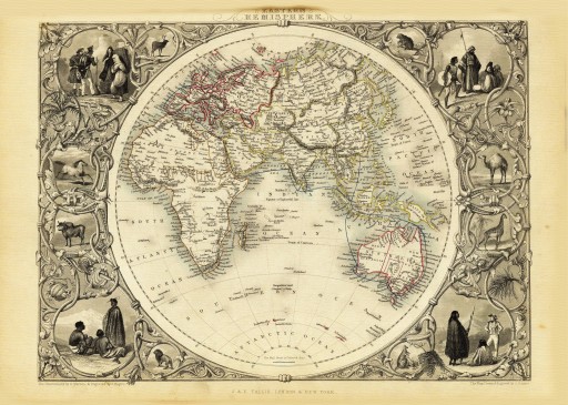 PÓŁKULA WSCHODNIA mapa ilustrowana Tallis 1851 r.