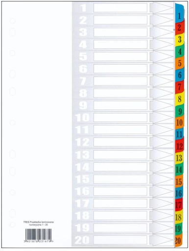 Przekładki zakładki kartonowe laminowane A4 1-20 do segregatora indeksujące